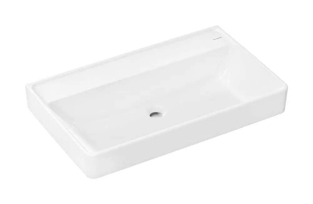 Waschtisch in Weiß, rechteckig mit glatter Oberfläche, ohne Hahnloch oder Überlauf, von Hansgrohe. Ideal für modernes Badezimmer-Design.